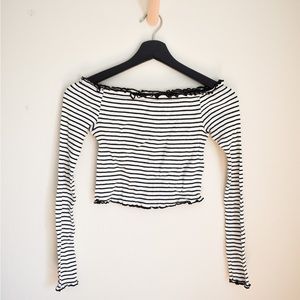 H&M Divided Black and White Stripe Off the Shoulder Long Sleeve Rib Knit Top XS